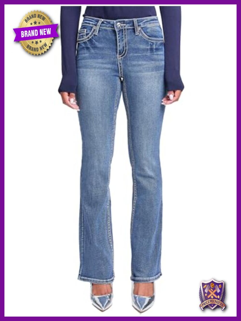 Mid Rise Heavy Stitch Bootcut Cross Studded Jeans